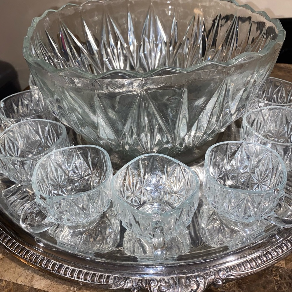 Reed & Barton Crystal Punch Bowl Set with Silver Tray
